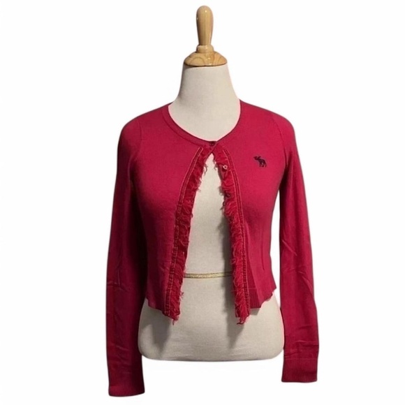 Vintage y2k Abercrombie & Fitch Women's Small Cardigan Sweater Pink Fringe - Picture 2 of 6